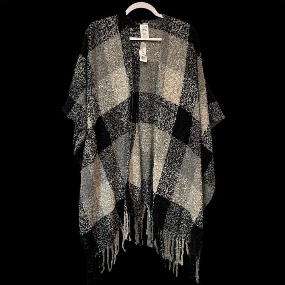 NWT Woolrich Women's Plaid Wrap Black Gray Fringed Wrap Shawl Cape